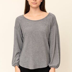 Ayla Gray Balloon Sleeve Knit Top S | Lace Shoulder Detail | Cozy Ribbed Texture
